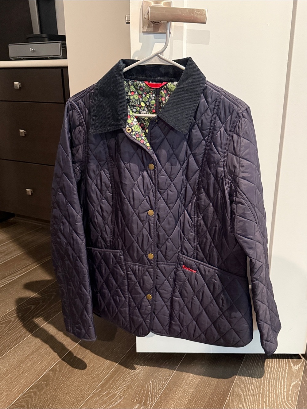 Barbour Quilted Navy Utility Jacket with Black Corduroy Collar